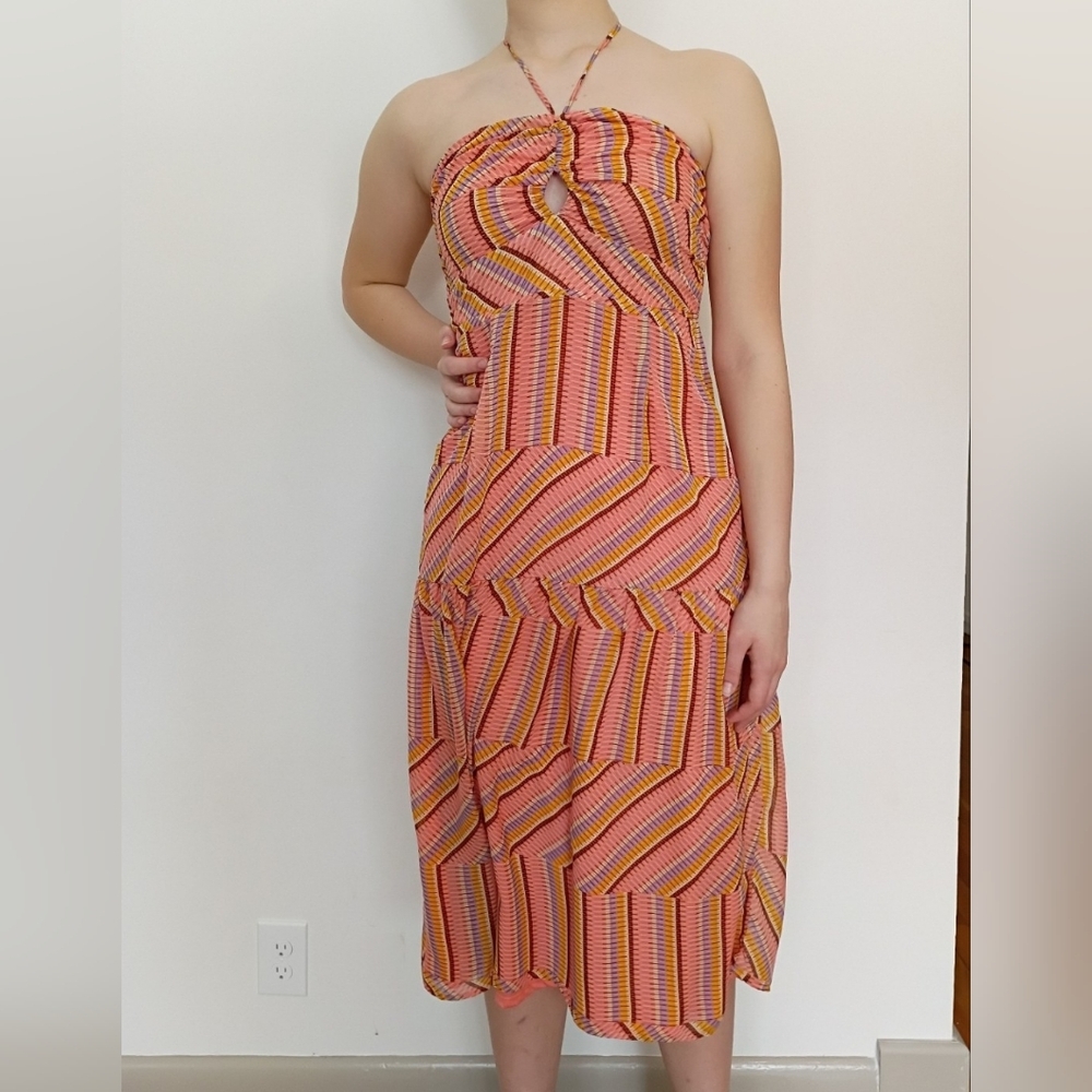 Women's Strapless Pink Orange Striped Maxi Dress